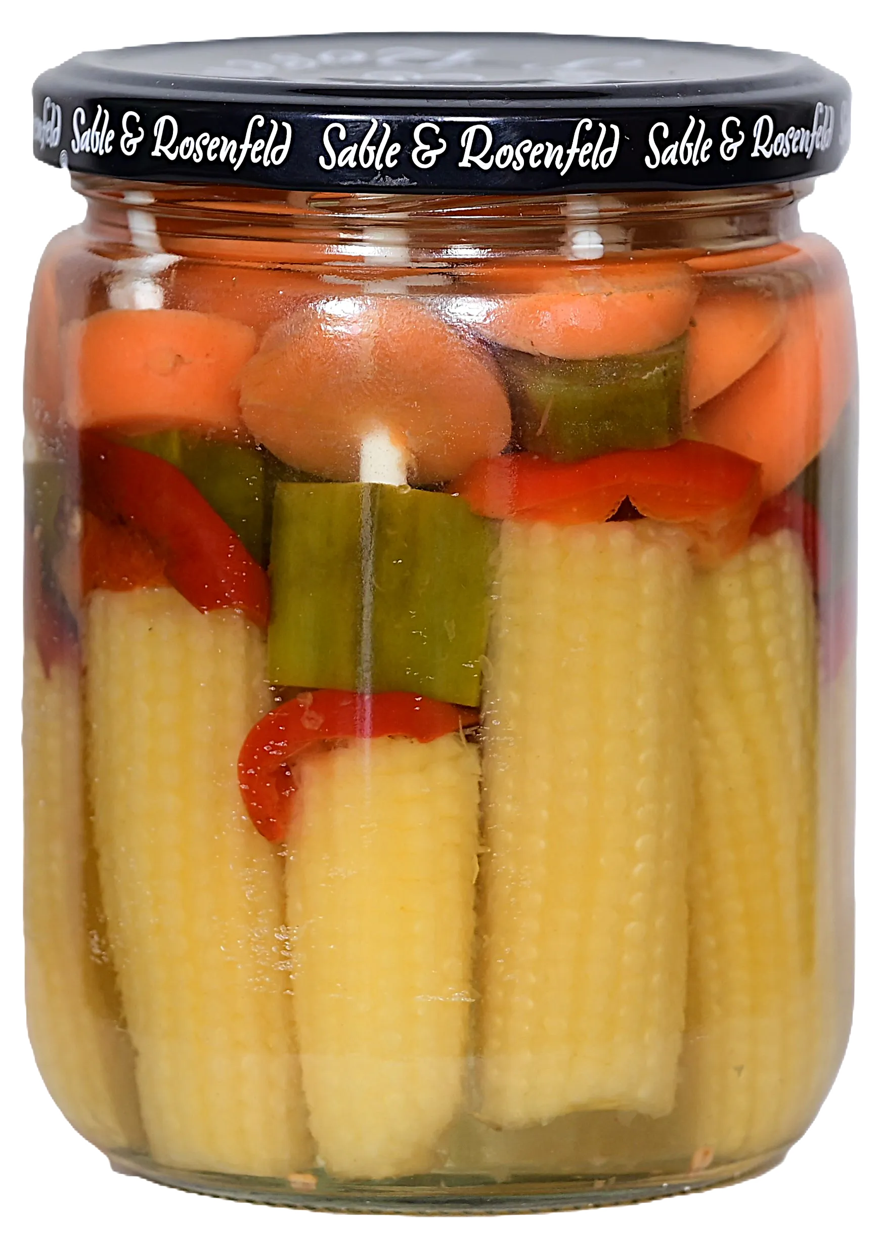 Banderillas with baby corn pickle jar